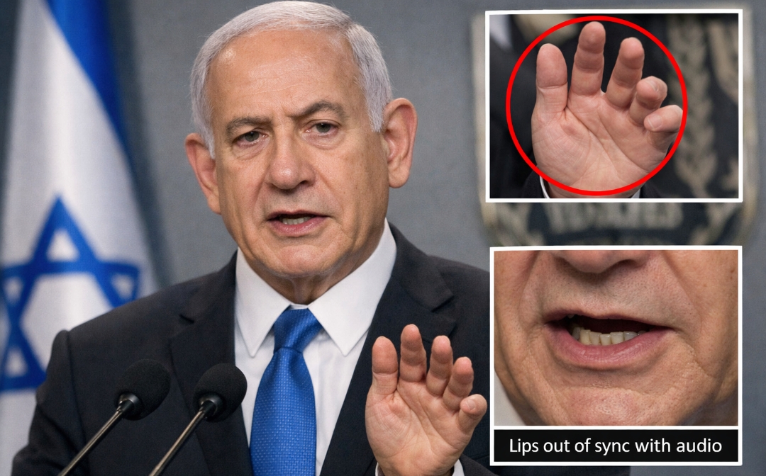 pidato Netanyahu terahir diduga menunjukkan bahwa itu adalah AI, dengan tanda fisik yg tidak sesuai anatomi.