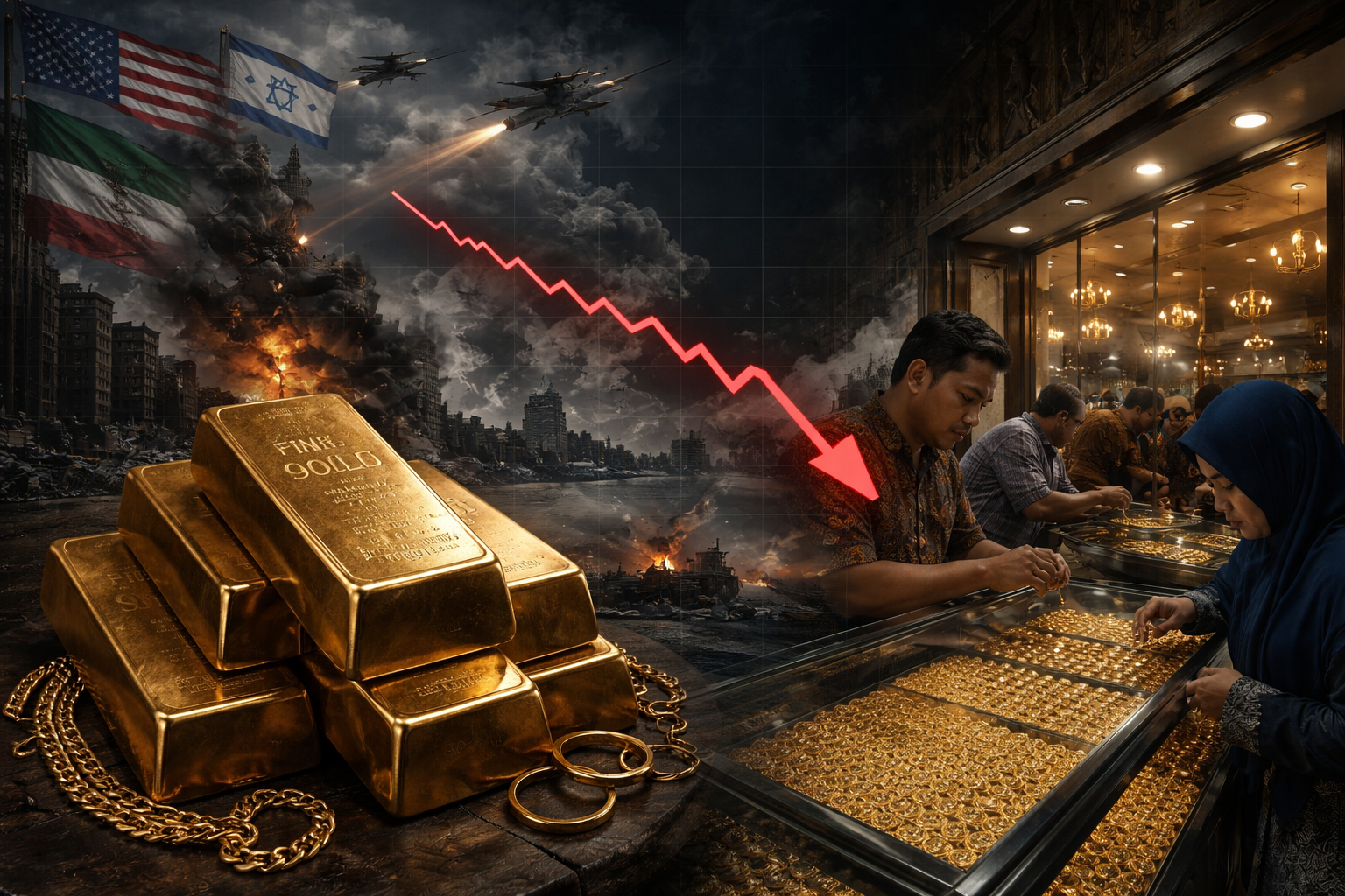 dalam 1 pekan harga emas dunia anjlok 9,6%, terburuk sejak 15 Tahun Terahir.